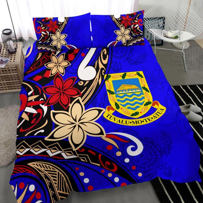 Tuvalu Polynesian Bedding Set - Tribal Flower With Special Turtles Blue Color