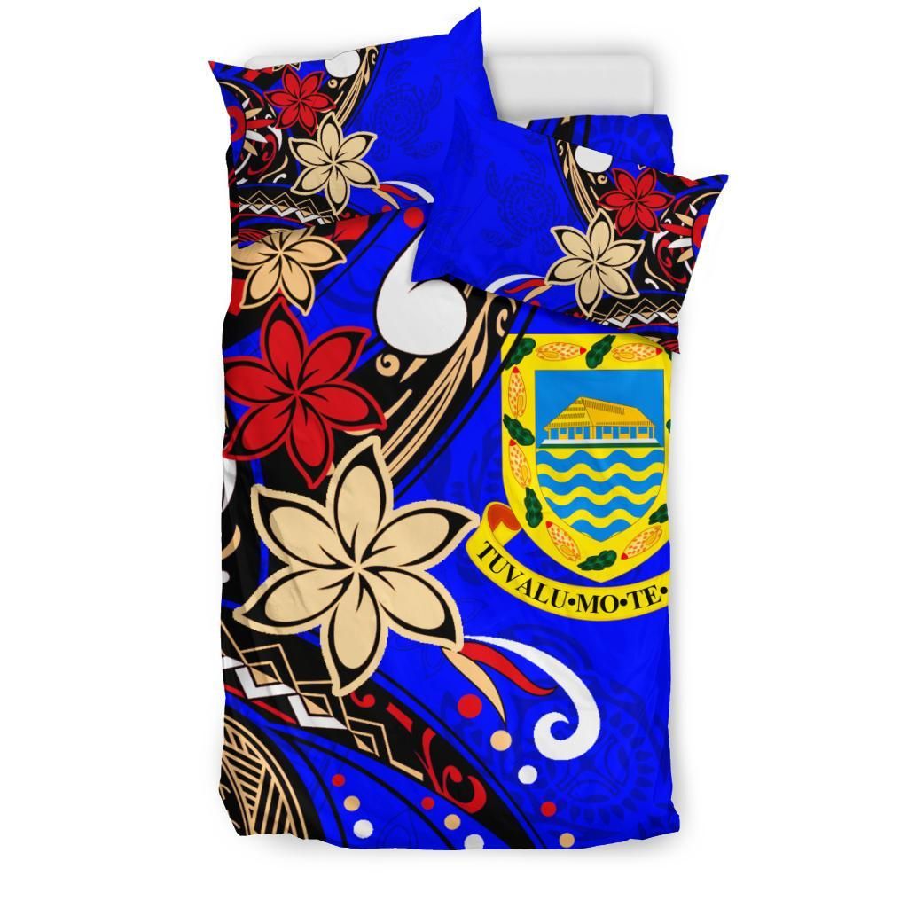 Tuvalu Polynesian Bedding Set - Tribal Flower With Special Turtles Blue Color