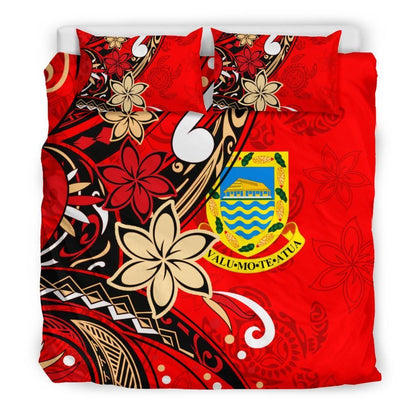 Tuvalu Polynesian Bedding Set - Tribal Flower With Special Turtles Red Color