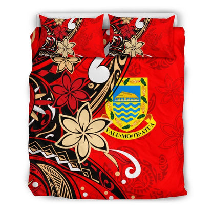Tuvalu Polynesian Bedding Set - Tribal Flower With Special Turtles Red Color