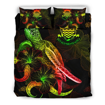 Tuvalu Polynesian Bedding Set - Turtle With Blooming Hibiscus Reggae