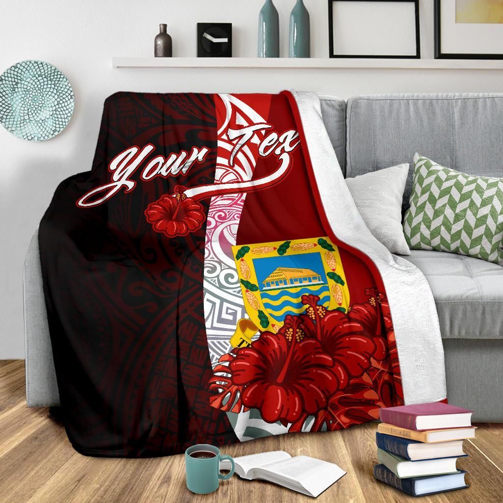 Tuvalu Polynesian Custom Personalised Premium Blanket - Coat Of Arm With Hibiscus