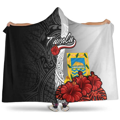 Tuvalu Polynesian Hooded Blanket- Coat Of Arm With Hibiscus White