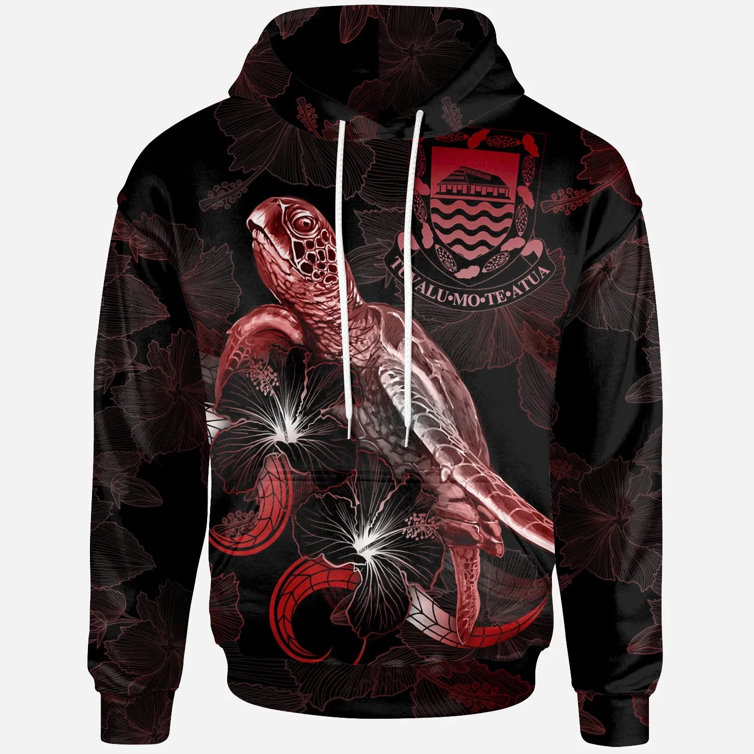 Tuvalu Polynesian Hoodie - Turtle With Blooming Hibiscus Red