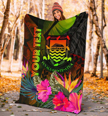 Tuvalu Polynesian Personalised Premium Blanket -  Hibiscus and Banana Leaves