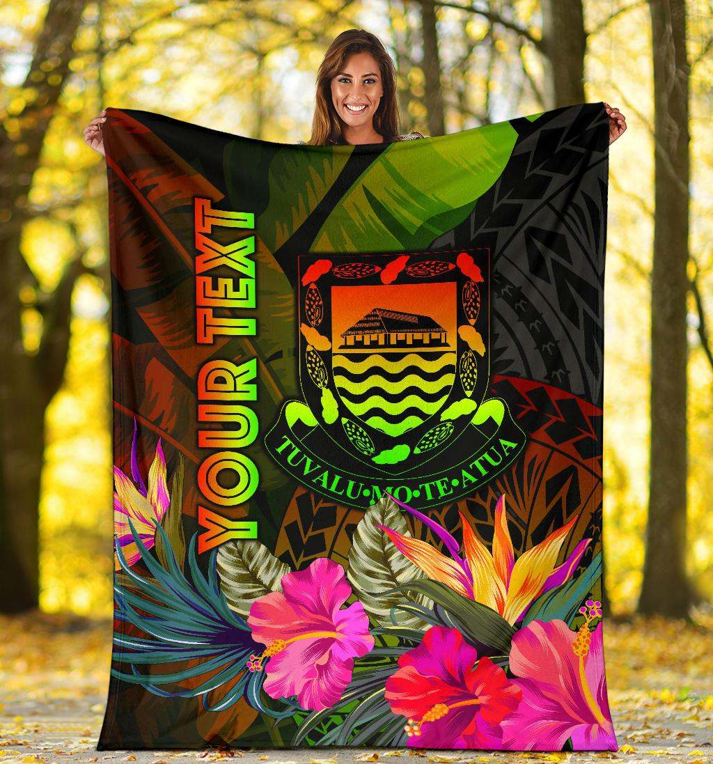 Tuvalu Polynesian Personalised Premium Blanket -  Hibiscus and Banana Leaves