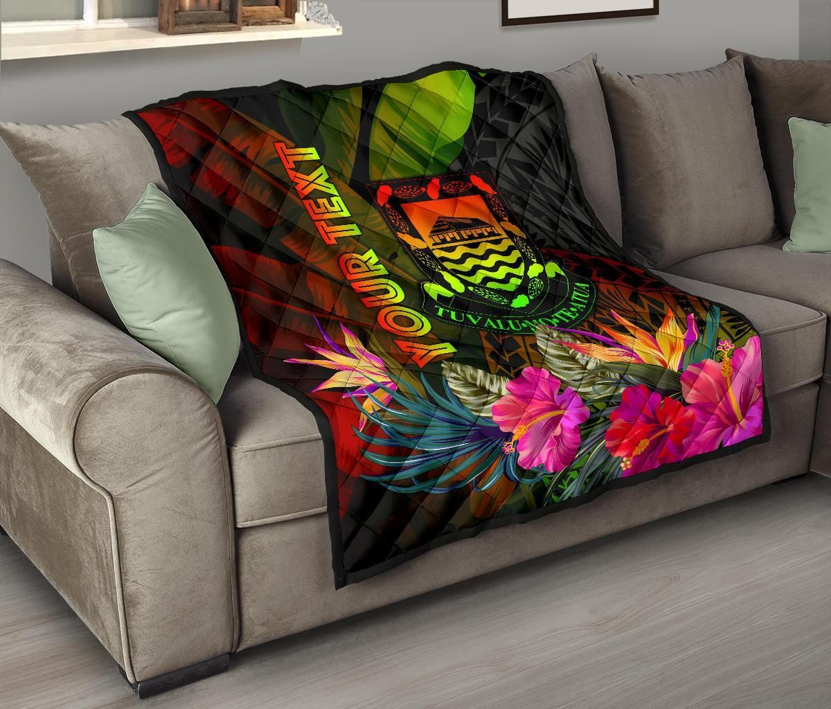 Tuvalu Polynesian Personalised Premium Quilt -  Hibiscus and Banana Leaves