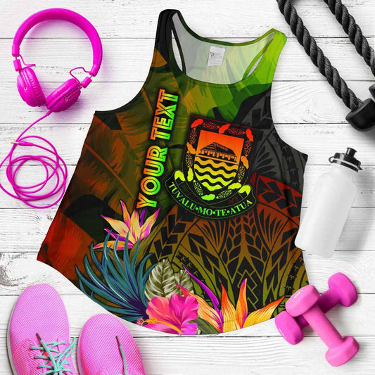 Tuvalu Polynesian Personalised Women Racerback Tank - Hibiscus and Banana Leaves