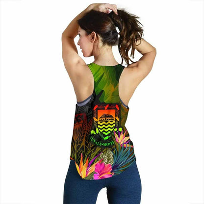 Tuvalu Polynesian Personalised Women Racerback Tank - Hibiscus and Banana Leaves