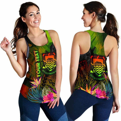Tuvalu Polynesian Personalised Women Racerback Tank - Hibiscus and Banana Leaves