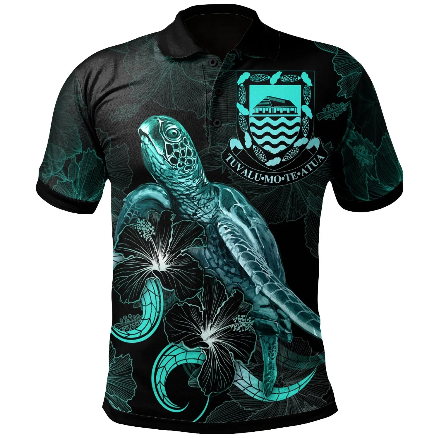Tuvalu Polynesian Polo Shirt - Turtle With Blooming Hibiscus Turquoise