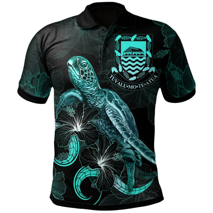 Tuvalu Polynesian Polo Shirt - Turtle With Blooming Hibiscus Turquoise