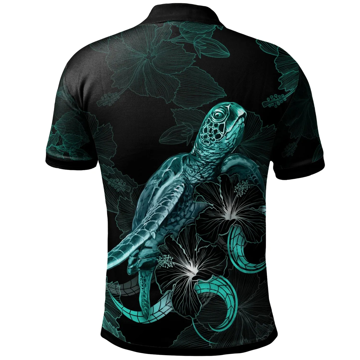 Tuvalu Polynesian Polo Shirt - Turtle With Blooming Hibiscus Turquoise