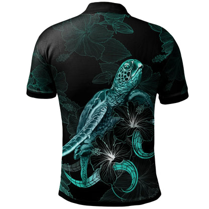 Tuvalu Polynesian Polo Shirt - Turtle With Blooming Hibiscus Turquoise
