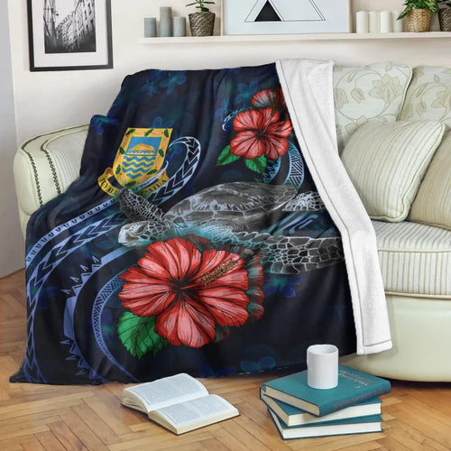 Tuvalu Polynesian Premium Blanket - Blue Turtle Hibiscus