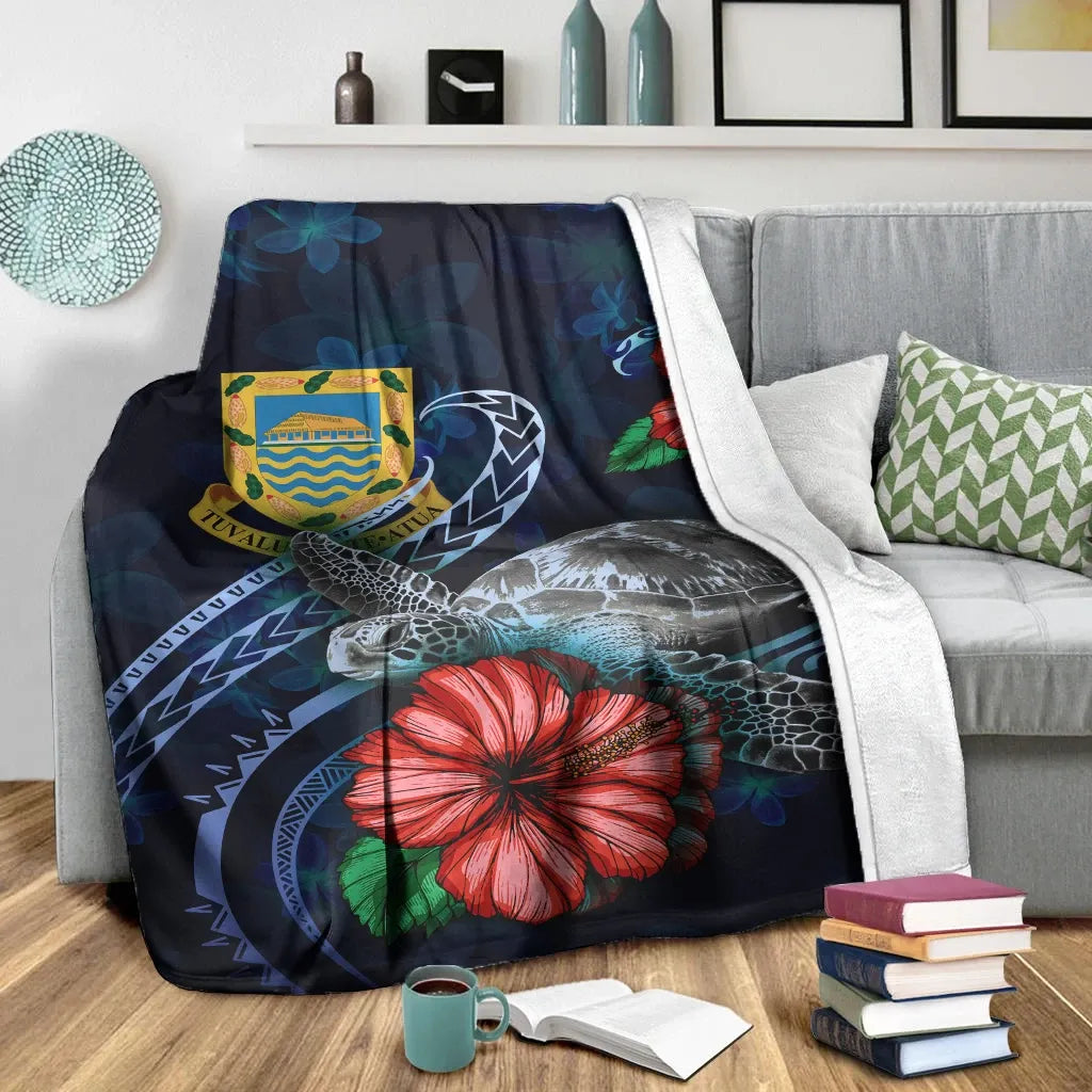 Tuvalu Polynesian Premium Blanket - Blue Turtle Hibiscus