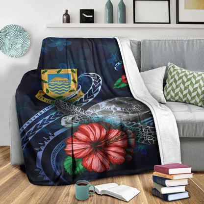 Tuvalu Polynesian Premium Blanket - Blue Turtle Hibiscus