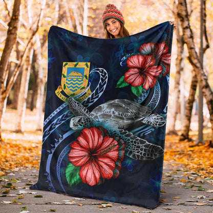 Tuvalu Polynesian Premium Blanket - Blue Turtle Hibiscus