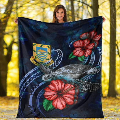 Tuvalu Polynesian Premium Blanket - Blue Turtle Hibiscus