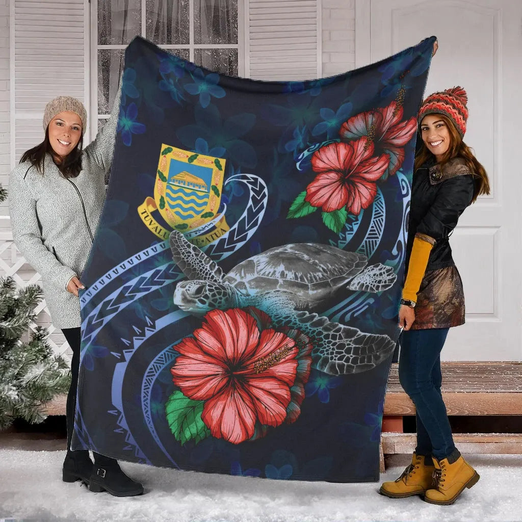 Tuvalu Polynesian Premium Blanket - Blue Turtle Hibiscus