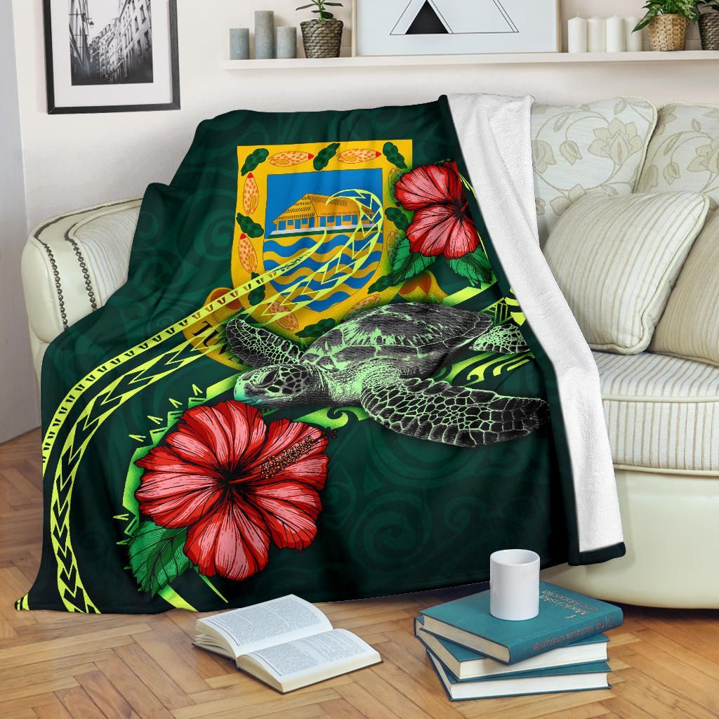 Tuvalu Polynesian Premium Blanket - Green Turtle Hibiscus