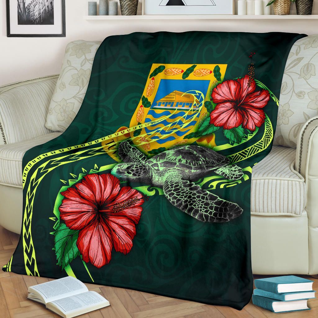 Tuvalu Polynesian Premium Blanket - Green Turtle Hibiscus
