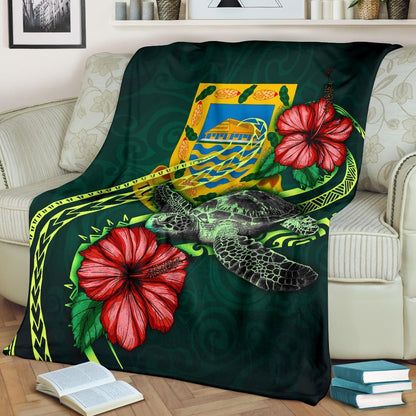 Tuvalu Polynesian Premium Blanket - Green Turtle Hibiscus