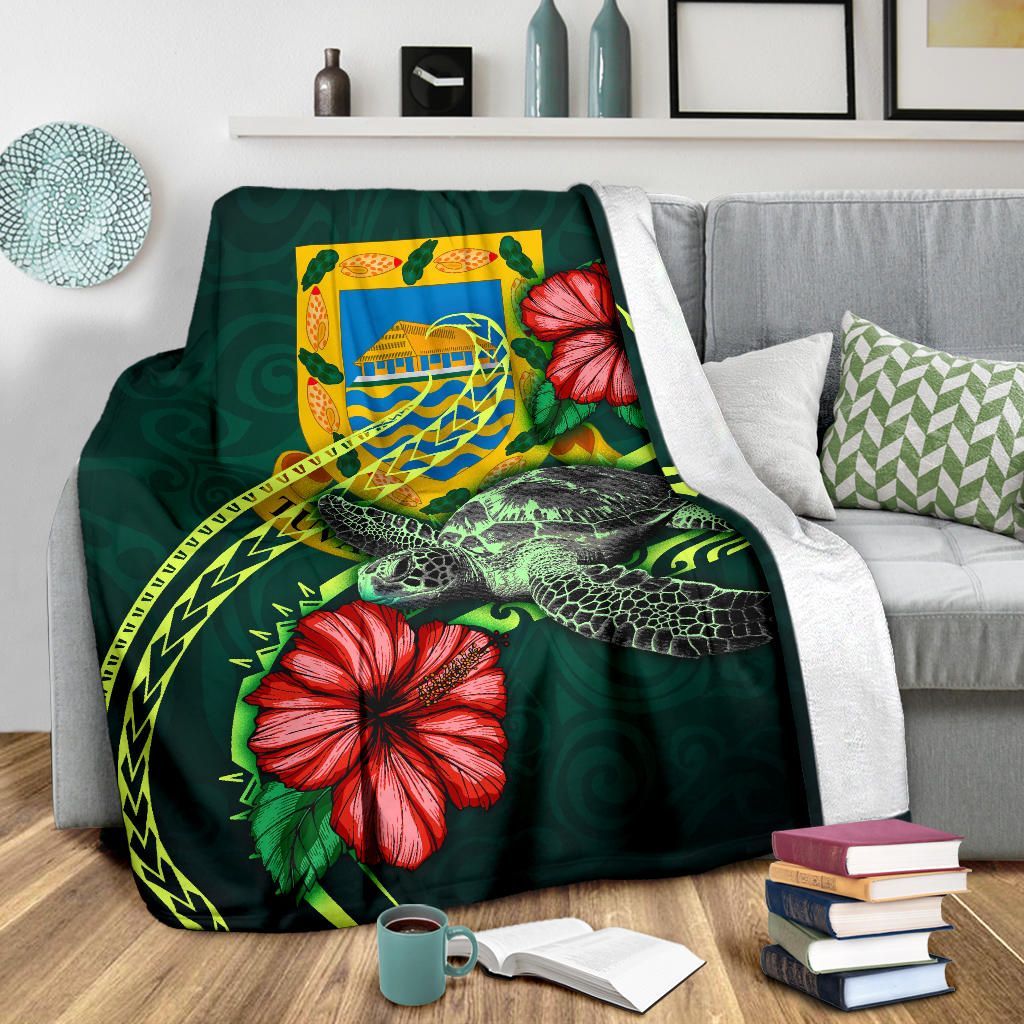 Tuvalu Polynesian Premium Blanket - Green Turtle Hibiscus