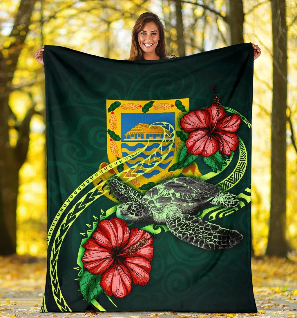Tuvalu Polynesian Premium Blanket - Green Turtle Hibiscus