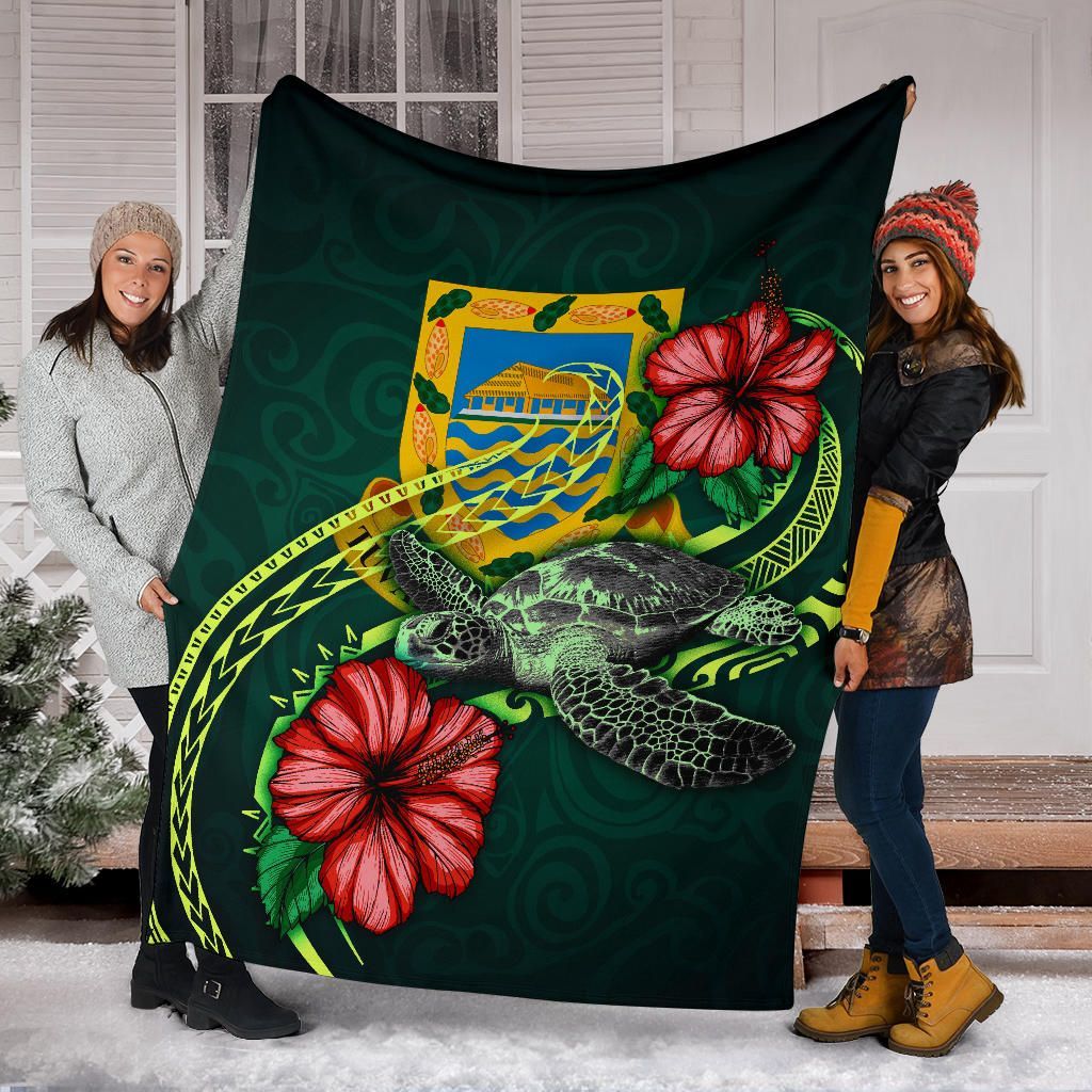 Tuvalu Polynesian Premium Blanket - Green Turtle Hibiscus
