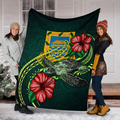 Tuvalu Polynesian Premium Blanket - Green Turtle Hibiscus