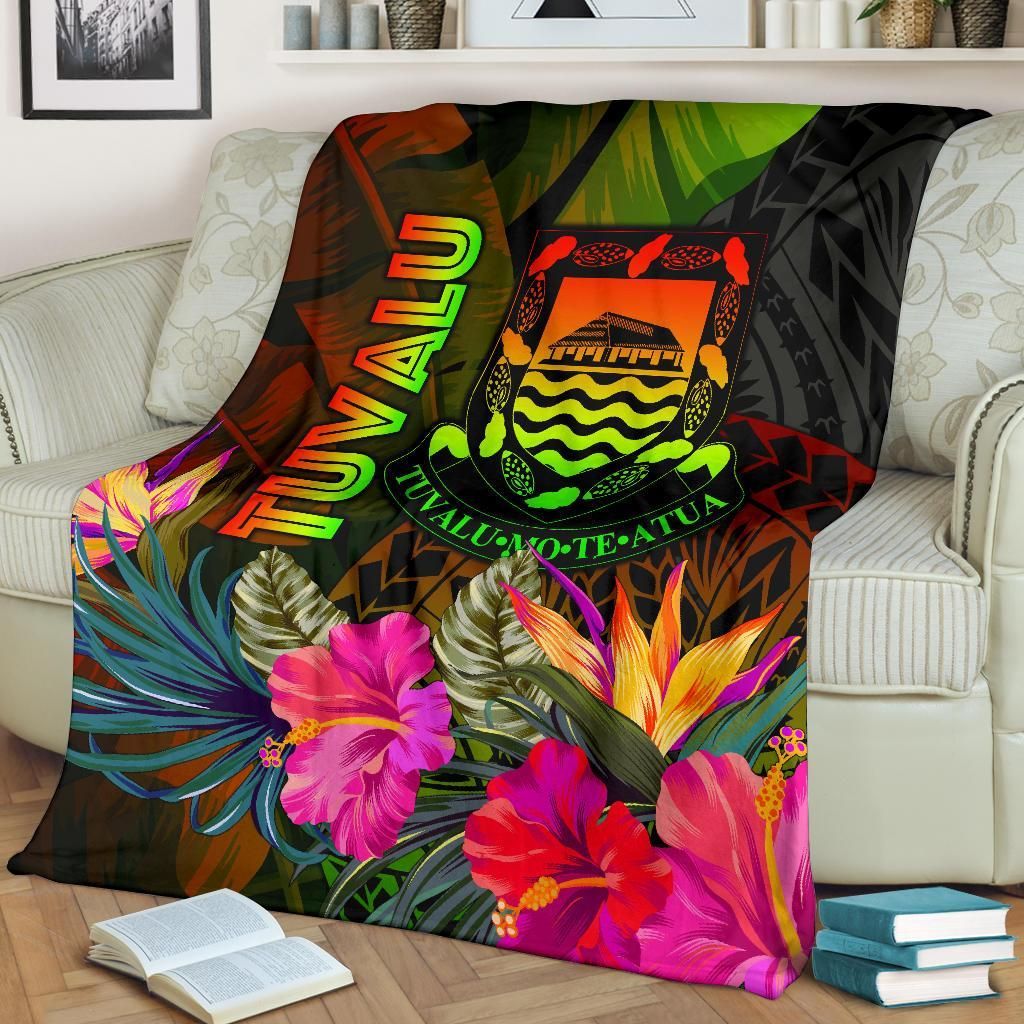 Tuvalu Polynesian Premium Blanket -  Hibiscus and Banana Leaves