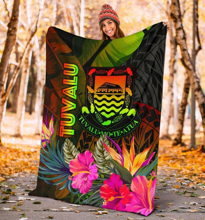 Tuvalu Polynesian Premium Blanket -  Hibiscus and Banana Leaves