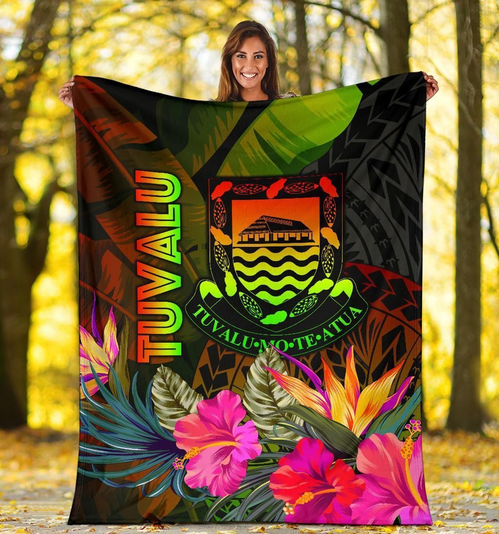 Tuvalu Polynesian Premium Blanket -  Hibiscus and Banana Leaves