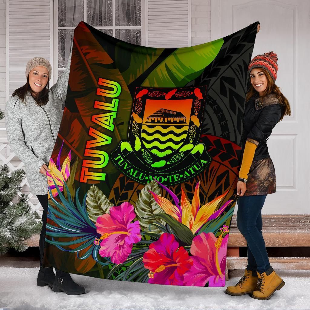 Tuvalu Polynesian Premium Blanket -  Hibiscus and Banana Leaves