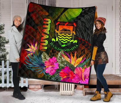 Tuvalu Polynesian Premium Quilt -  Hibiscus and Banana Leaves