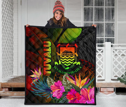 Tuvalu Polynesian Premium Quilt -  Hibiscus and Banana Leaves