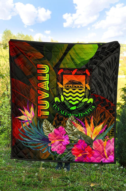 Tuvalu Polynesian Premium Quilt -  Hibiscus and Banana Leaves