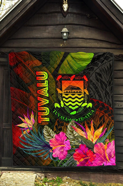 Tuvalu Polynesian Premium Quilt -  Hibiscus and Banana Leaves