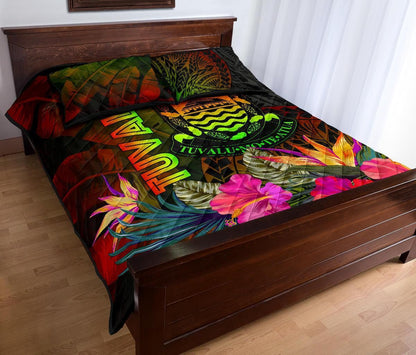 Tuvalu Polynesian Quilt Bed Set - Hibiscus and Banana Leaves