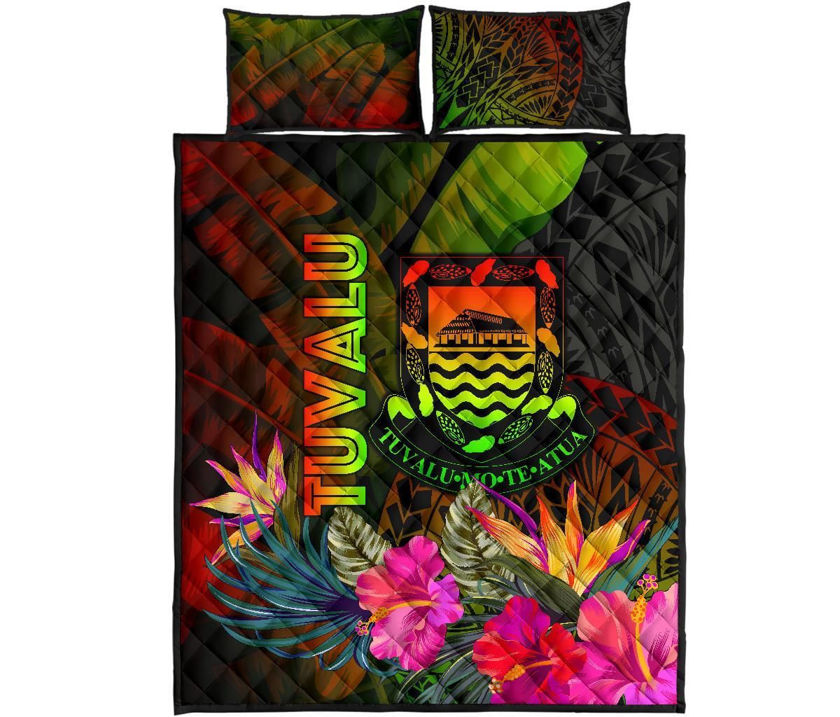 Tuvalu Polynesian Quilt Bed Set - Hibiscus and Banana Leaves