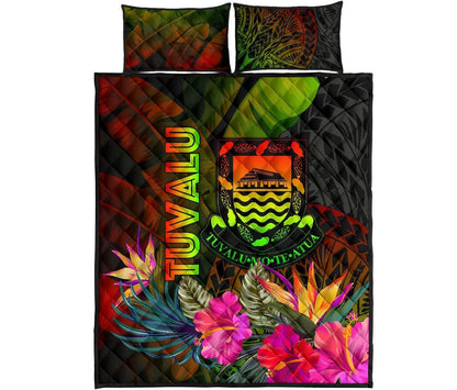 Tuvalu Polynesian Quilt Bed Set - Hibiscus and Banana Leaves