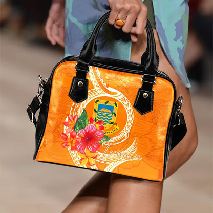 Tuvalu Polynesian Shoulder Handbag - Orange Floral With Seal