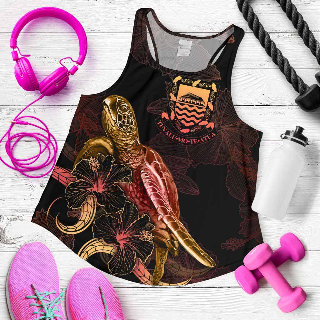 Tuvalu Polynesian Women Tank Top - Turtle With Blooming Hibiscus Gold
