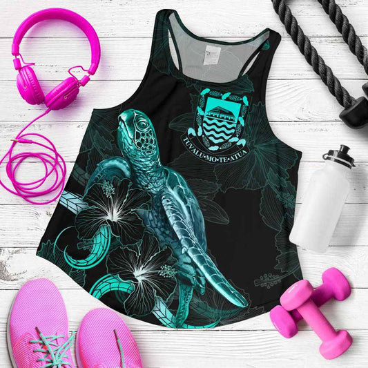 Tuvalu Polynesian Women Tank Top - Turtle With Blooming Hibiscus Turquoise
