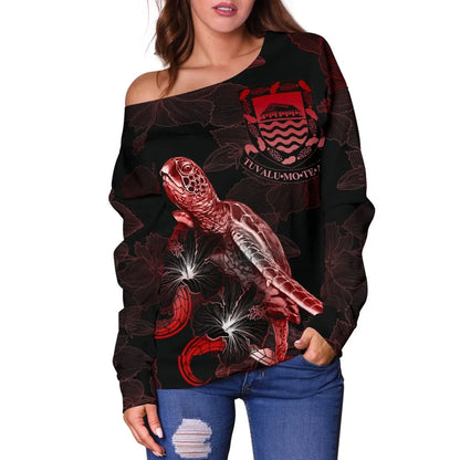 Tuvalu Polynesian Women Off Shoulder Sweater - Turtle With Blooming Hibiscus Red