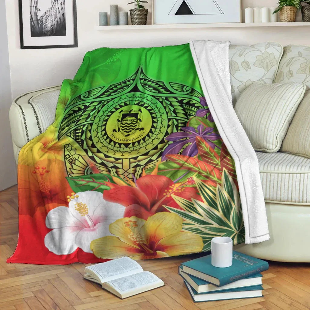Tuvalu Premium Blanket - Manta Ray Tropical Flowers (Green)