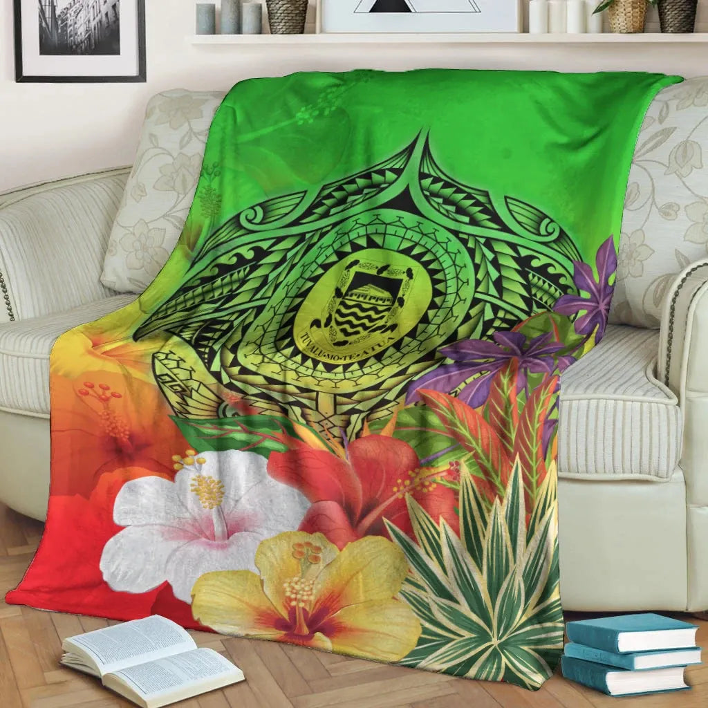 Tuvalu Premium Blanket - Manta Ray Tropical Flowers (Green)