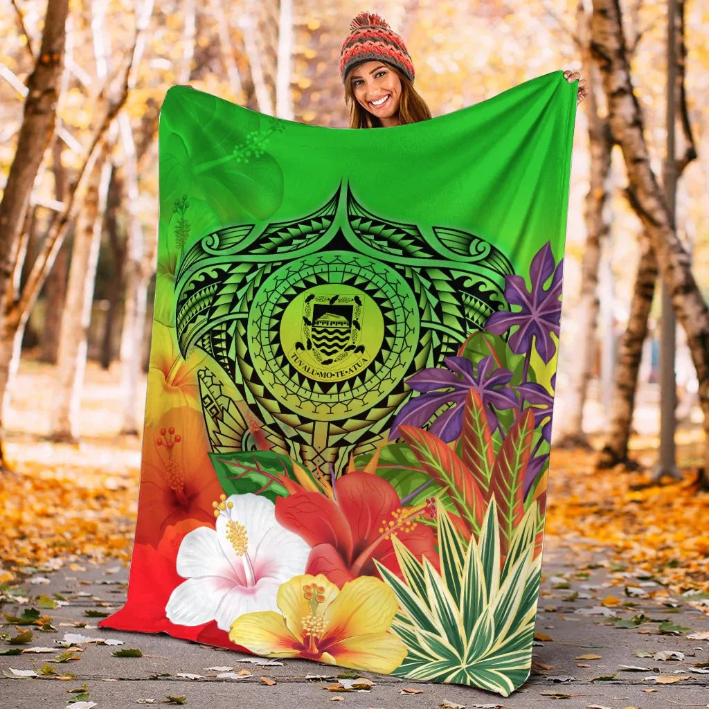 Tuvalu Premium Blanket - Manta Ray Tropical Flowers (Green)