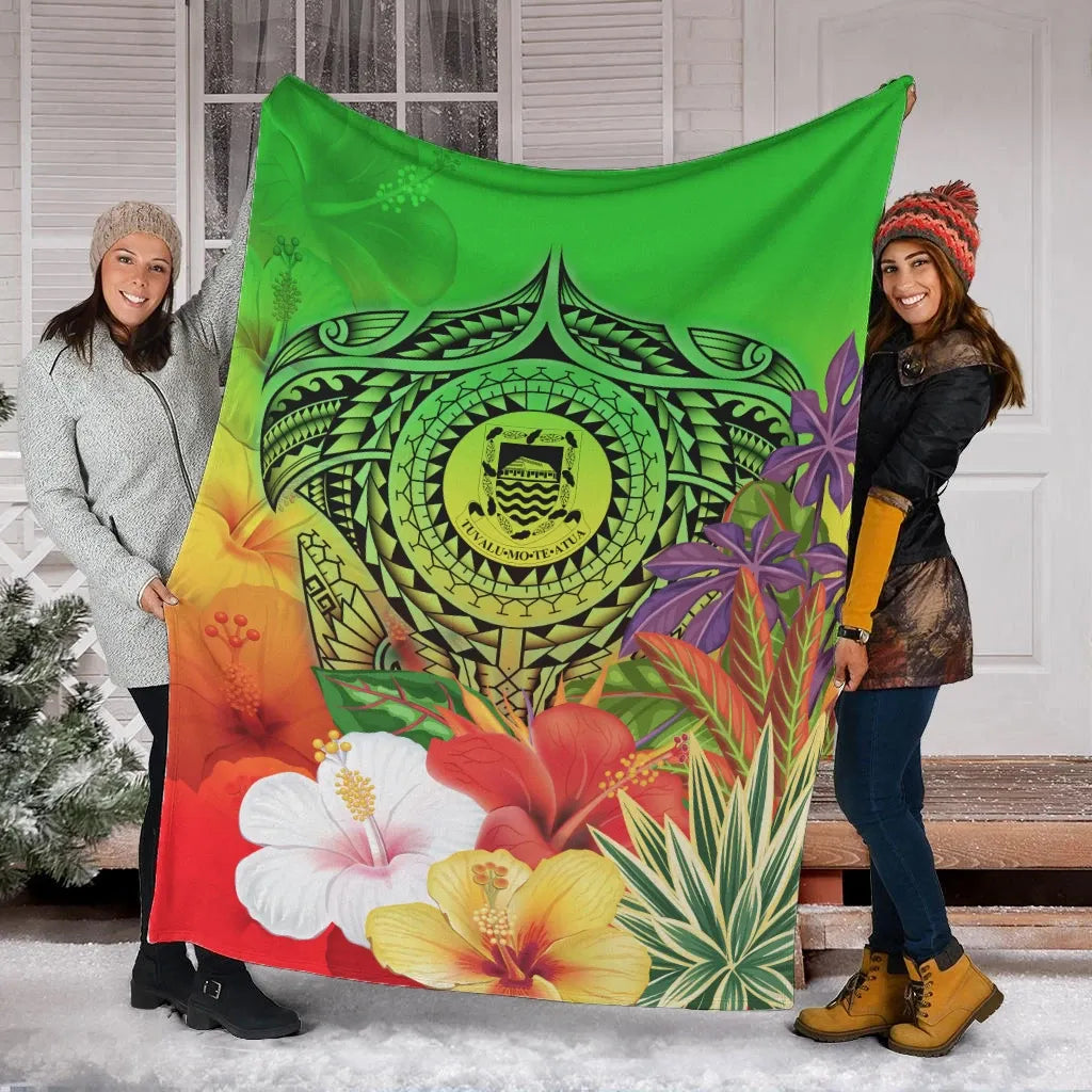 Tuvalu Premium Blanket - Manta Ray Tropical Flowers (Green)